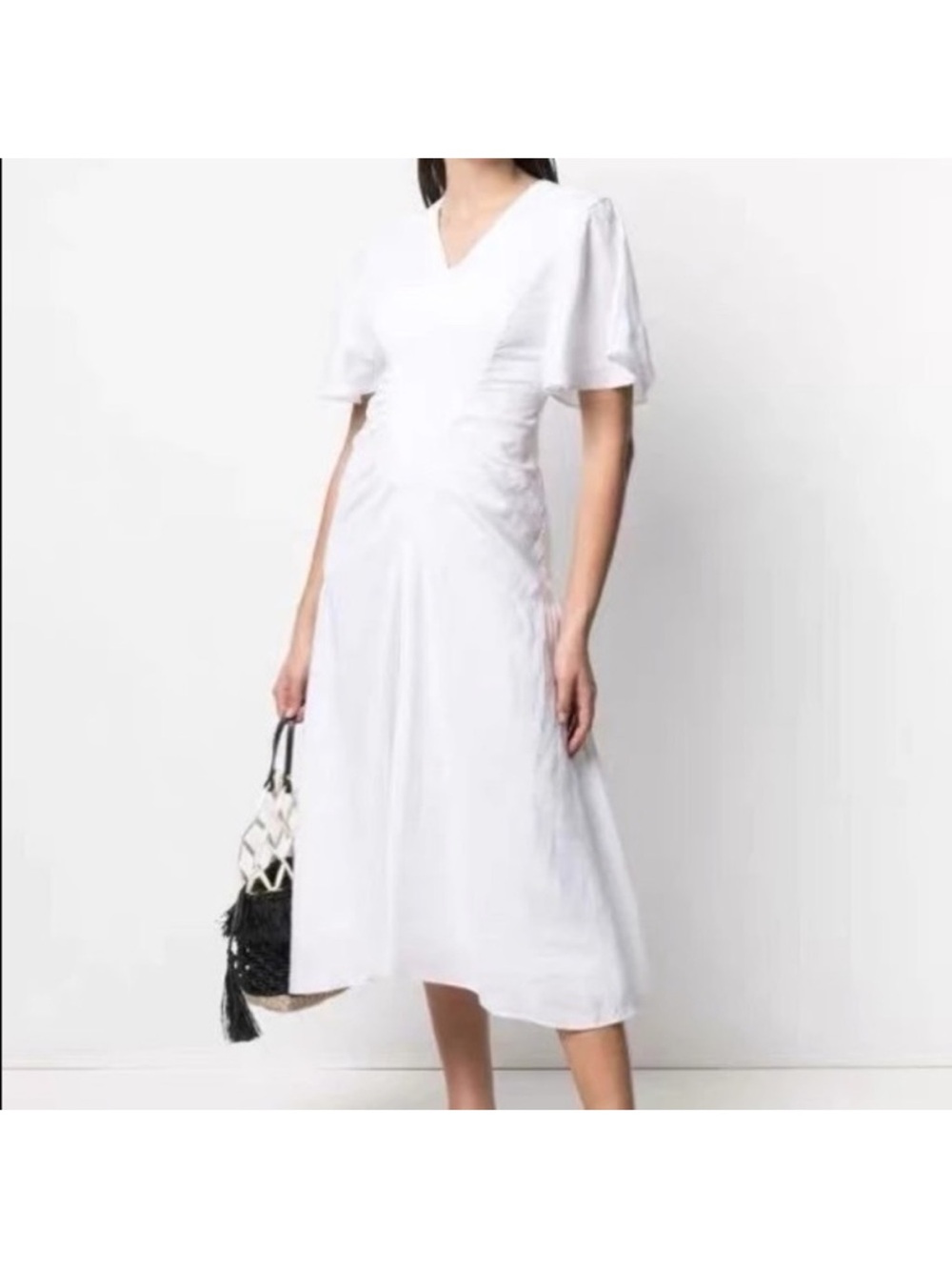 Isabel Marant White V-Neck Midi Dress with Puff Sleeves